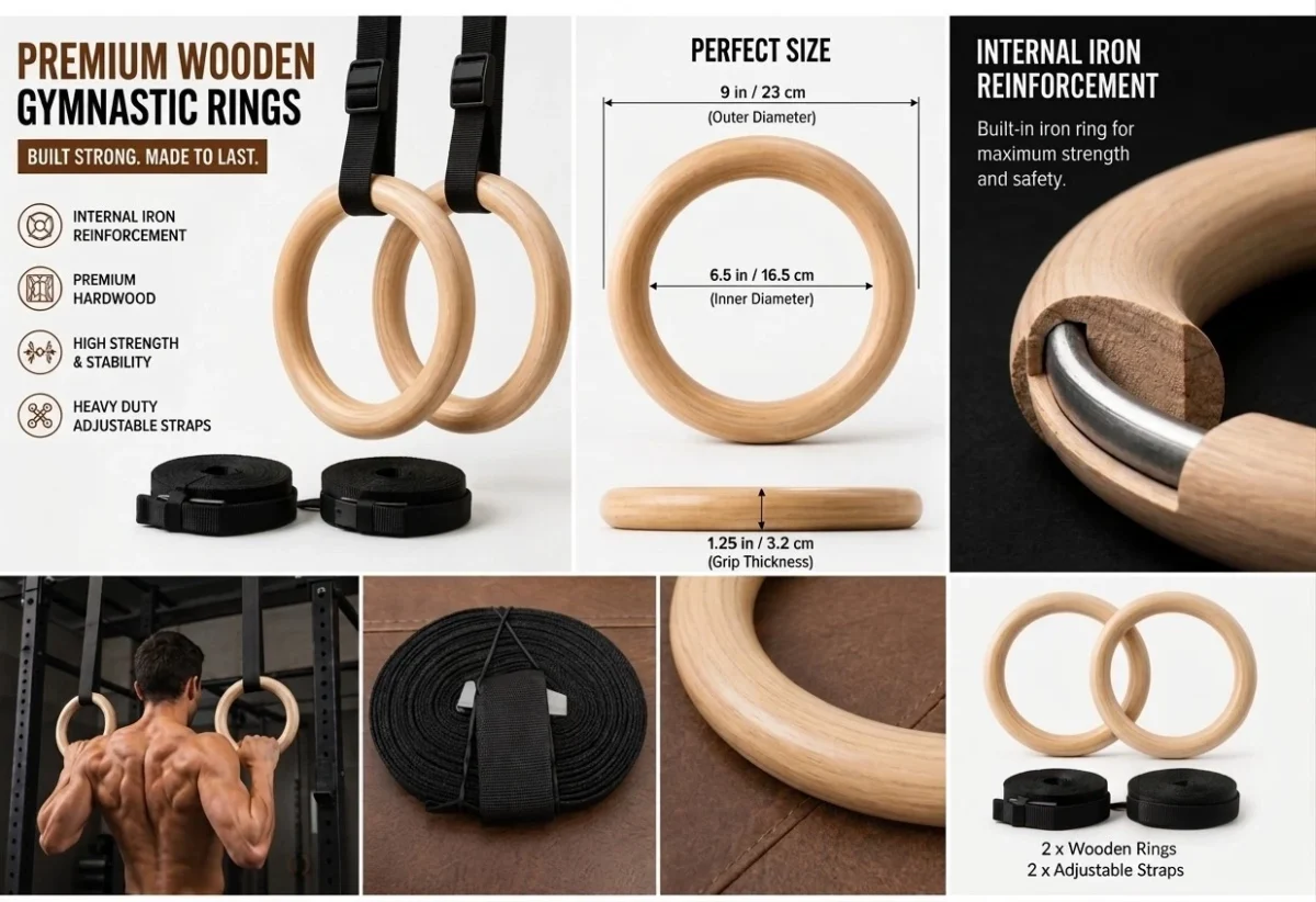 AJA Wooden Gymnastic Rings – Olympic Strength Training Gym Rings with Adjustable Straps (325 lb Capacity) - Image 3