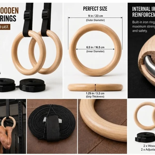 AJA Wooden Gymnastic Rings – Olympic Strength Training Gym Rings with Adjustable Straps (325 lb Capacity) - Image 3