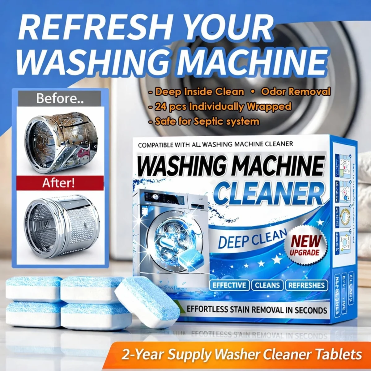 Washing Machine Cleaner Tablets – Enzyme Descaler & Odor Remover (24 Count) for HE, Front & Top Load Washers - Image 2