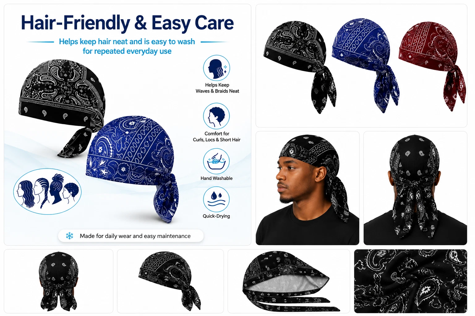 3PC cooling paisley skull cap helmet liner head wrap