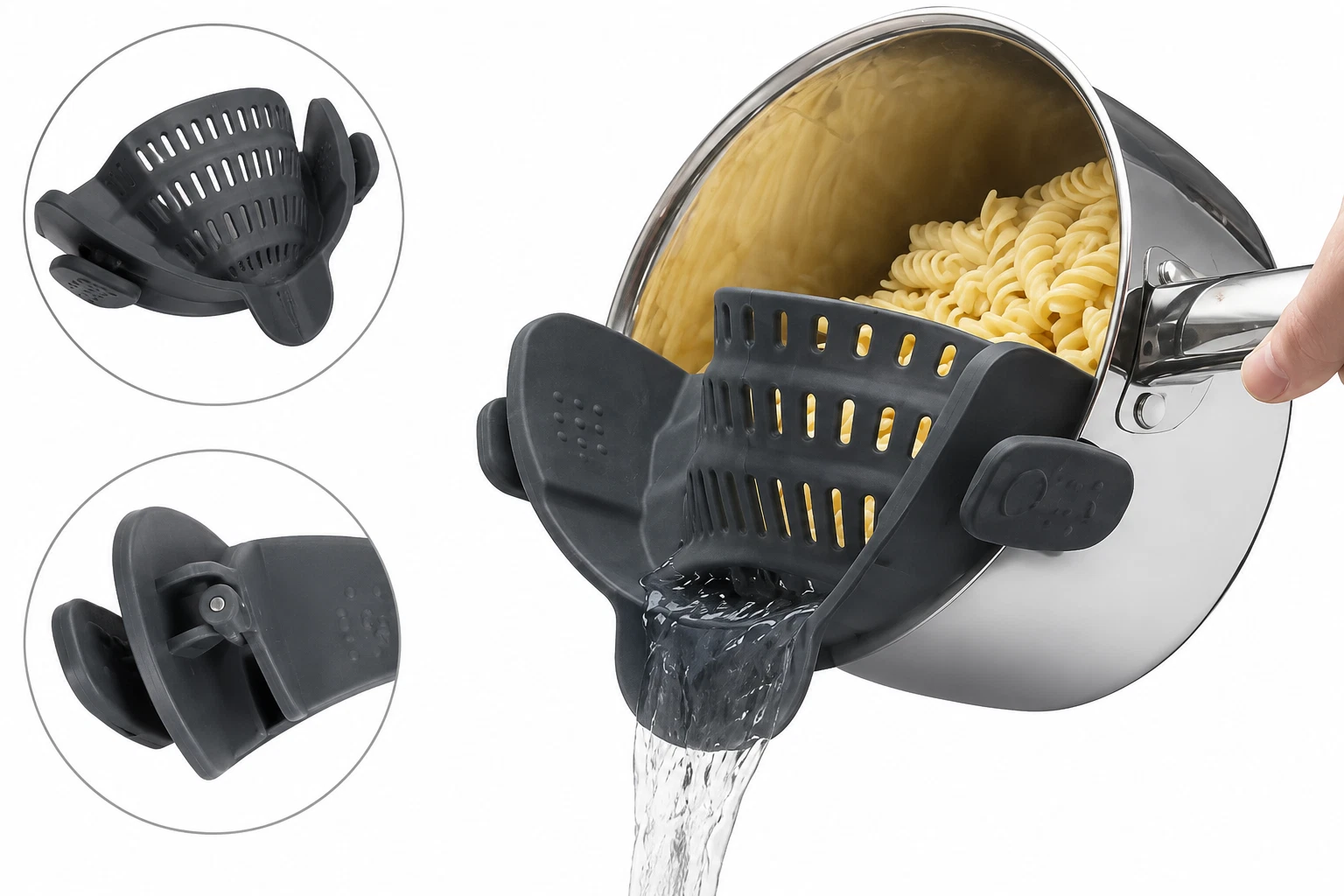 Clip-on adjustable silicone pot strainer colander