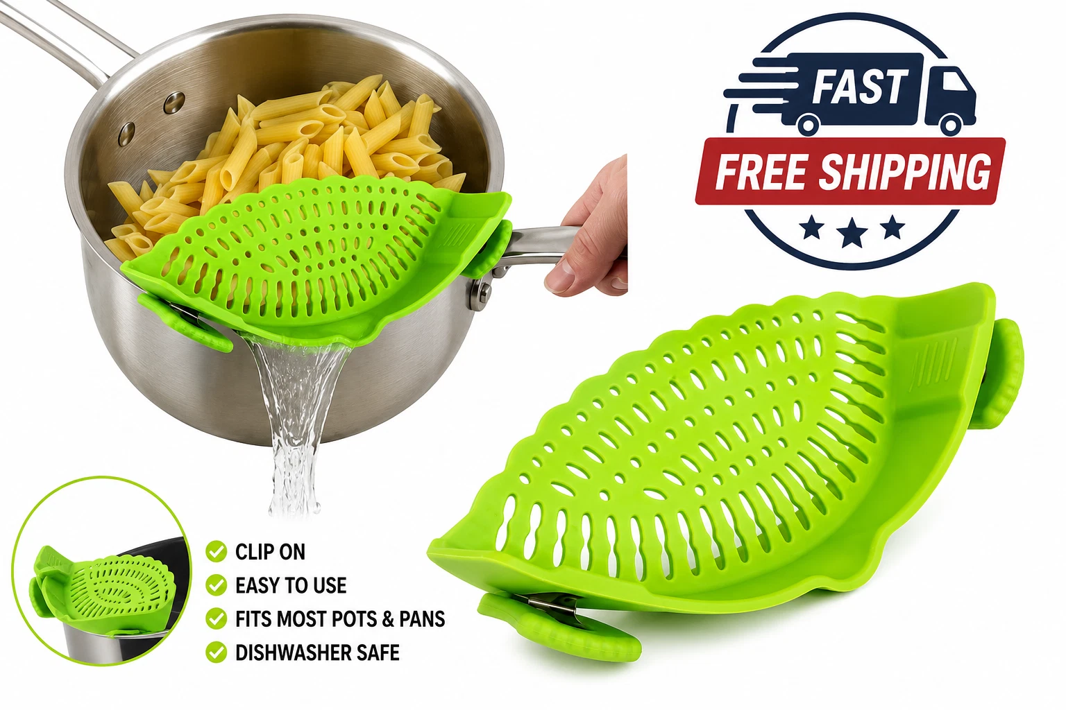 Dual clip silicone strainer fits most pots and pans
