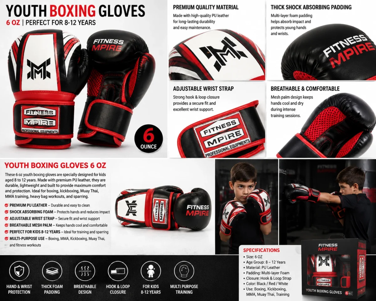 Kids Boxing Gloves 6 oz – Youth Boys & Girls Training Gloves for Sparring, Kickboxing, Muay Thai & MMA (Ages 10–14) - Image 4