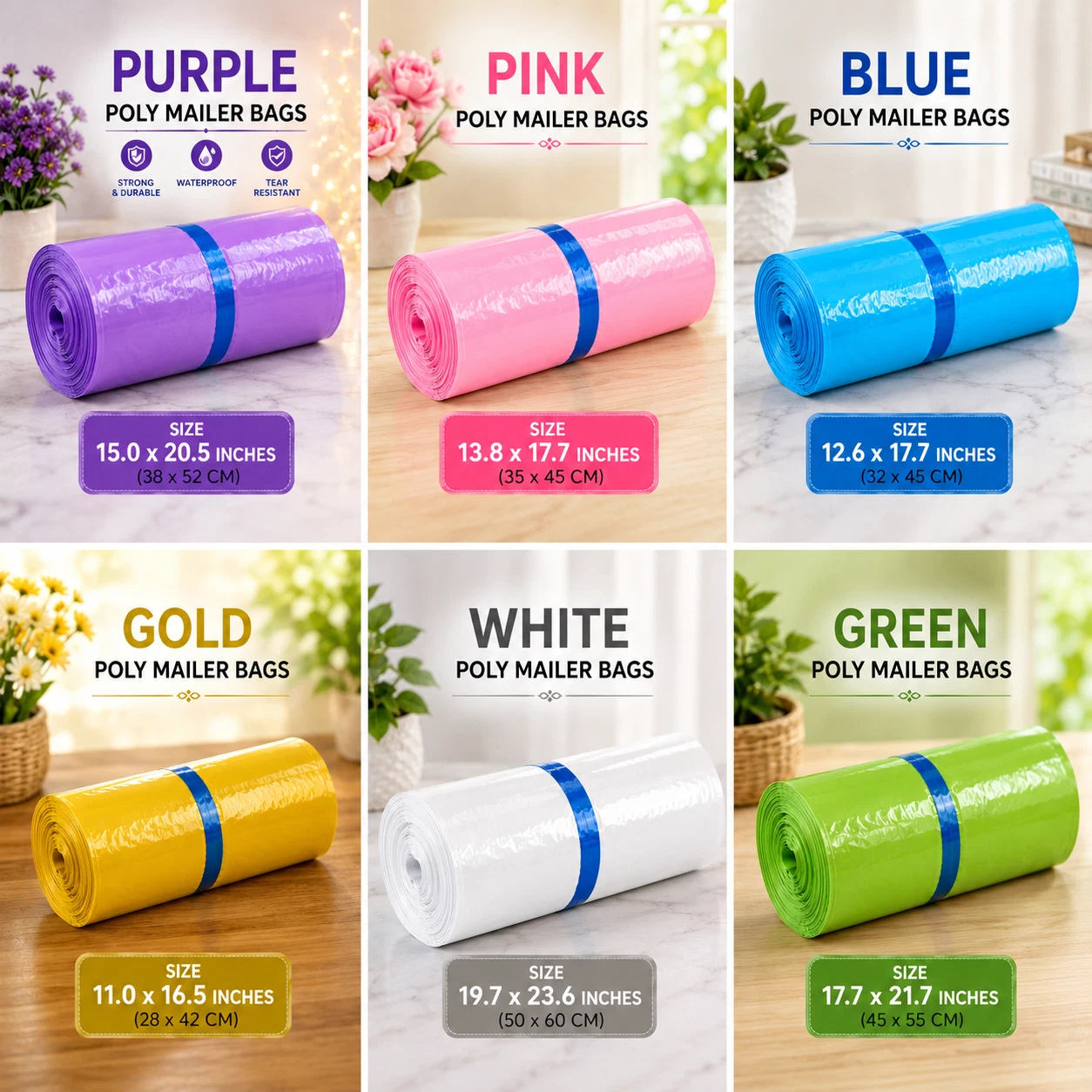 100 poly mailer shipping bags in multiple colors